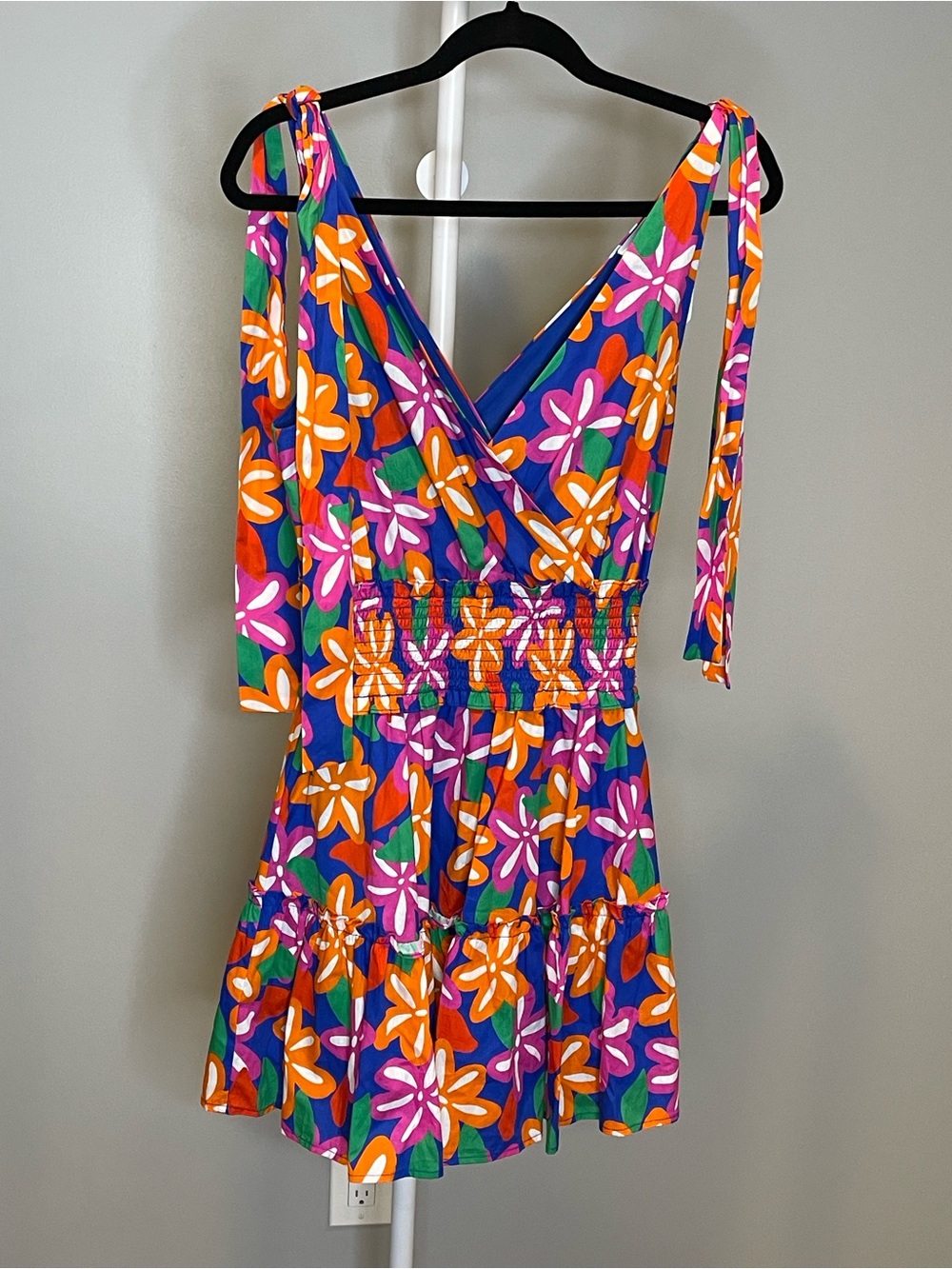 Peach Love California Floral Smocked Mini Dress Tie Strap Blue Pink Orange NWT